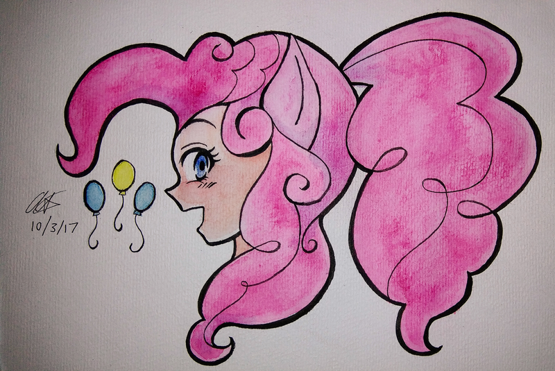 Size: 3082x2062 | Tagged: artist:aloubell, bust, derpibooru import, high res, human, humanized, pinkie pie, ponied up, ponytail, portrait, safe, solo, traditional art