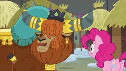 Size: 1280x720 | Tagged: safe, derpibooru import, screencap, pinkie pie, prince rutherford, earth pony, pony, yak, not asking for trouble, cloven hooves, crown, ear piercing, earring, female, horn ring, jewelry, male, piercing, raised hoof, regalia