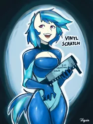 Size: 1800x2400 | Tagged: anthro, artist:hot headed clover, bass cannon, boob window, breasts, cleavage, clothes, derpibooru import, female, latex, latex suit, open mouth, safe, solo, vinyl scratch