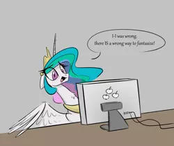 Size: 2440x2059 | Tagged: safe, anonymous artist, derpibooru import, princess celestia, alicorn, pony, /mlp/, 4chan, applejack's cutie mark, blushing, chest fluff, colored, computer, cute, cutelestia, dialogue, drawthread, female, floppy ears, frown, funny, funny as hell, gray background, horrified, internet, mare, neck fluff, oh no, open mouth, scared, scaredlestia, simple background, solo, spread wings, table, there is no wrong way to fantasize, traumatized, wide eyes, wings