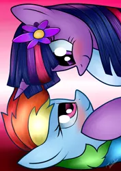 Size: 2480x3507 | Tagged: safe, artist:twidasher, derpibooru import, rainbow dash, twilight sparkle, blushing, female, flower, flower in hair, lesbian, looking at each other, shipping, twidash