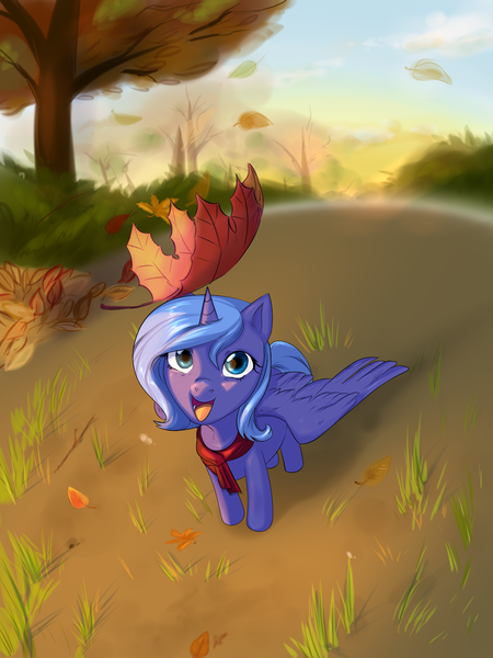 Size: 1024x1365 | Tagged: safe, artist:adsddjdfbdg, derpibooru import, princess luna, alicorn, pony, autumn, female, filly, leaf, leaves, mare, smiling, solo, tree, woona, younger