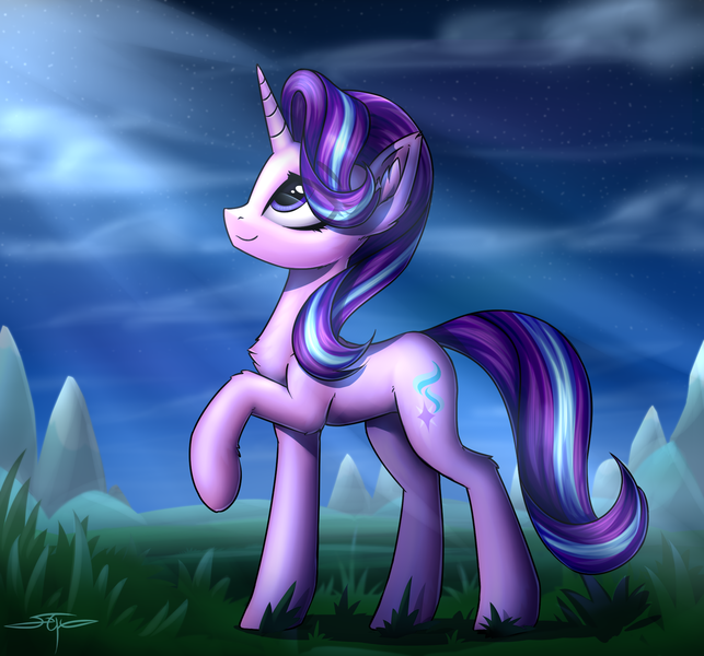 Size: 1920x1792 | Tagged: safe, artist:setharu, derpibooru import, starlight glimmer, pony, unicorn, chest fluff, cloud, cute, cutie mark, ear fluff, female, glimmerbetes, grass, grass field, horn, lidded eyes, looking up, mare, mountain, night, raised hoof, scenery, signature, sky, smiling, solo, stars