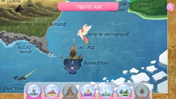 Size: 1280x720 | Tagged: basalt beach, classical hippogriff, derpibooru import, gameloft, great iceberg barrier, hippogriff, kirin grove, lost lagoon, map, map of equestria, mount aris, my little pony: the movie, narwhal, pine needle barrens, safe, seaquestria