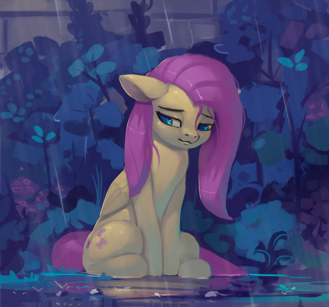 Size: 1200x1121 | Tagged: safe, artist:rodrigues404, derpibooru import, fluttershy, pegasus, pony, cute, female, mare, puddle, rain, shyabetes, sitting, solo