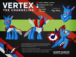 Size: 3143x2392 | Tagged: safe, artist:hywther, artist:vertexthechangeling, derpibooru import, oc, oc:vertexthechangeling, unofficial characters only, changedling, changeling, pegasus, pony, changedling oc, cutie mark, disguise, disguised changeling, eyebrow wiggle, keytar, male, mohawk, musical instrument, reference sheet, smiling