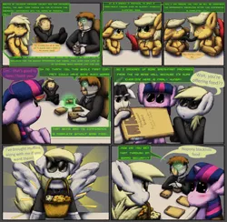 Size: 3240x3168 | Tagged: applejack, artist:firefanatic, chair, comic, comic:agents of hoo-men, derpibooru import, derpy hooves, dialogue, ditzy doo, fluffy, food, heart, monster pony, muffin, original species, safe, species swap, table, tatzljack, tatzlpony, twilight sparkle, what is hoo-man