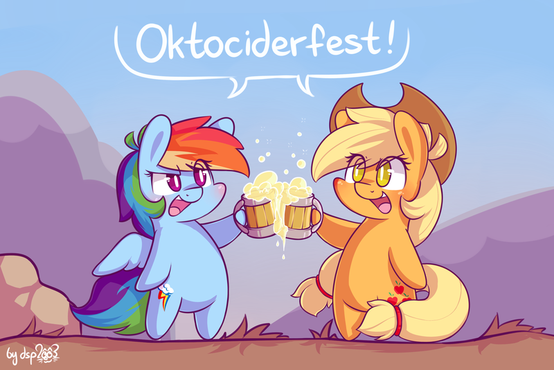 Size: 2994x2000 | Tagged: safe, alternate version, artist:dsp2003, derpibooru import, applejack, rainbow dash, earth pony, pegasus, pony, bipedal, blushing, chibi, cider, comic, cute, dashabetes, female, jackabetes, oktoberfest, open mouth, single panel, style emulation, sweet dreams fuel