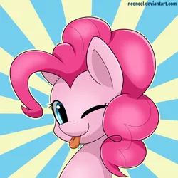 Size: 4000x4000 | Tagged: safe, artist:neoncel, derpibooru import, pinkie pie, pony, :p, absurd resolution, bust, cute, diapinkes, female, mare, one eye closed, portrait, solo, sunburst background, tongue out, wink