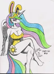 Size: 2411x3305 | Tagged: alicorn, anthro, artist:mane-shaker, bedroom eyes, breasts, bunny ears, bunnylestia, bunny suit, busty princess celestia, clothes, colored, crossed legs, cutie mark, derpibooru import, disproportional anatomy, ethereal mane, female, flowing mane, inktober, inktober 2017, leotard, looking at you, multicolored mane, multicolored tail, praise the sun, princess celestia, purple eyes, royalty, sexy, sitting, smiling, solo, solo female, sparkles, stupid sexy celestia, suggestive, traditional art, unguligrade anthro, watercolor painting, wings