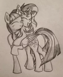 Size: 786x960 | Tagged: safe, artist:leffenkitty, derpibooru import, sunset shimmer, twilight sparkle, twilight sparkle (alicorn), alicorn, eyes closed, female, hug, lesbian, pencil drawing, shipping, smiling, sunsetsparkle, traditional art