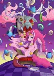 Size: 1024x1448 | Tagged: safe, artist:muffinkarton, derpibooru import, idw, discord, gummy, pinkie pie, alicorn, draconequus, pony, alicornified, bad end, balloon, chair, chaos, chocolate, chocolate rain, coffee mug, crown, cupcake, discopie, discorded landscape, female, food, jewelry, looking at you, male, mare, mug, party cannon, pinkiecorn, princess of chaos, race swap, rain, regalia, shipping, straight, throne, xk-class end-of-the-world scenario