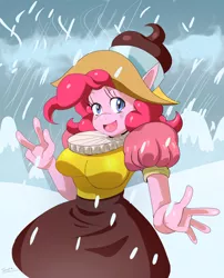 Size: 2303x2846 | Tagged: anthro, artist:traupa, breasts, busty pinkie pie, chancellor puddinghead, clothes, collar, derpibooru import, elizabethan, female, looking at you, pinkie pie, ruff (clothing), safe, smiling, snow, snowfall, solo