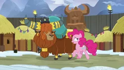 Size: 1280x720 | Tagged: safe, derpibooru import, screencap, pinkie pie, prince rutherford, earth pony, pony, yak, not asking for trouble, cloven hooves, crown, duo, ear piercing, earring, female, horn ring, jewelry, male, nervous, piercing, regalia, snow, yakyakistan