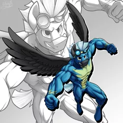 Size: 1278x1278 | Tagged: safe, alternate version, artist:ponyanony, derpibooru import, thunderlane, anthro, pegasus, pony, unguligrade anthro, abs, armpits, biceps, clenched fist, clothes, deltoids, goggles, gray background, image, looking up, male, muscles, partial nudity, pecs, png, pose, simple background, solo, solo male, stallion, stupid sexy thunderlane, suit, thighs, thunder thighs, tight clothing, uniform, wonderbolts, wonderbolts uniform, zoom layer