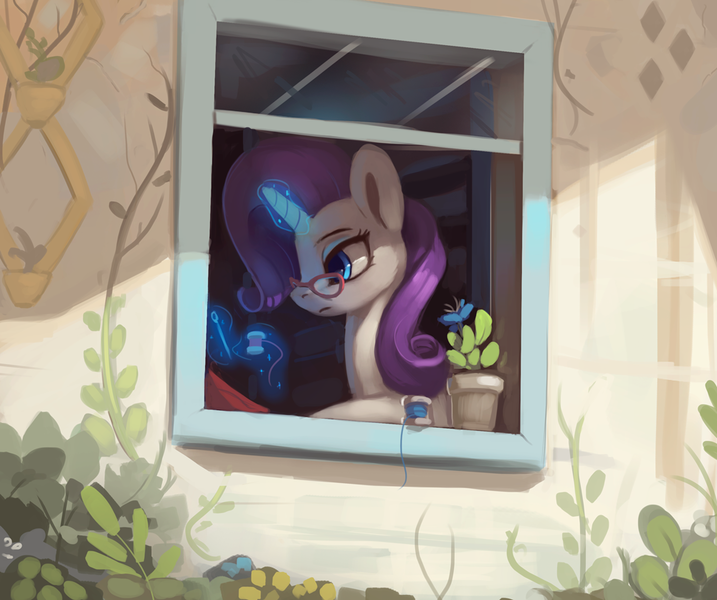 Size: 1000x837 | Tagged: safe, artist:rodrigues404, derpibooru import, rarity, pony, unicorn, female, glasses, glowing horn, horn, image, magic, mare, png, sewing needle, solo, thread, window