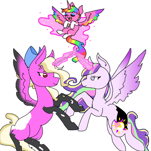 Size: 1600x1600 | Tagged: alicorn, alicorn oc, artist:nootaz, baby, changeling, derpibooru import, donut steel, foal, glowing horn, oc, oc:prince bloodshed, oc:princess collective, oc:queen mary sue, rainbow hair, rearing, safe, simple background, transparent background, unofficial characters only