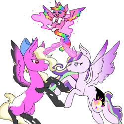 Size: 1600x1600 | Tagged: alicorn, alicorn oc, artist:nootaz, baby, changeling, derpibooru import, donut steel, foal, glowing horn, oc, oc:prince bloodshed, oc:princess collective, oc:queen mary sue, rainbow hair, rearing, safe, simple background, transparent background, unofficial characters only