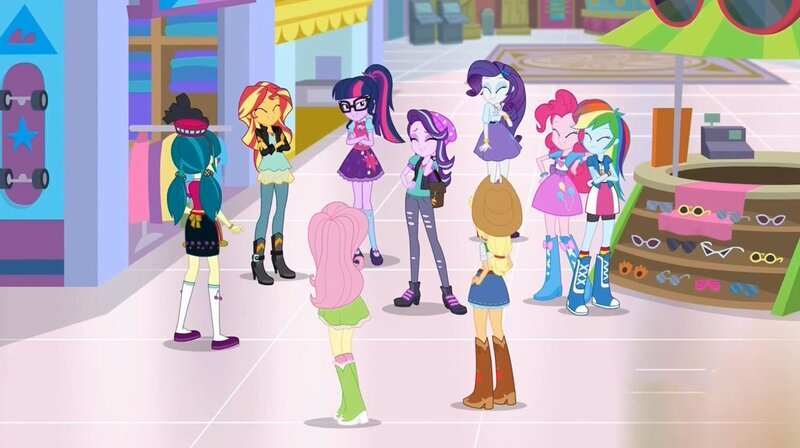 Size: 1024x574 | Tagged: safe, derpibooru import, screencap, applejack, fluttershy, juniper montage, pinkie pie, rainbow dash, rarity, sci-twi, starlight glimmer, sunset shimmer, twilight sparkle, equestria girls, mirror magic, spoiler:eqg specials, canterlot mall, cash register, eyes closed, humane nine, laughing, laughingmares.jpg, mane nine, skateboard, sunglasses