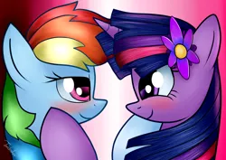 Size: 1024x724 | Tagged: safe, artist:twidasher, derpibooru import, editor:shimmering blaze, rainbow dash, twilight sparkle, blushing, female, flower, flower in hair, lesbian, looking at each other, shipping, twidash