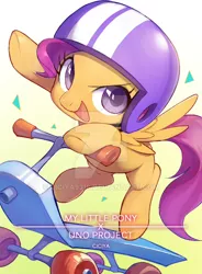 Size: 600x817 | Tagged: artist:ciciya, badass, badass adorable, cute, derpibooru import, helmet, looking at you, safe, scootaloo, scooter, simple background, solo, spread wings, watermark, wings