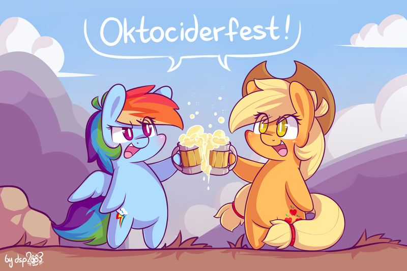 Size: 2994x2000 | Tagged: safe, artist:dsp2003, derpibooru import, applejack, rainbow dash, earth pony, pegasus, pony, apple cider, bipedal, blushing, chibi, cider, comic, female, oktoberfest, open mouth, single panel, style emulation