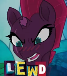 Size: 513x588 | Tagged: safe, derpibooru import, edit, edited screencap, screencap, tempest shadow, unicorn, my little pony: the movie, blushing, broken horn, bust, caption, expand dong, exploitable meme, eye scar, image macro, lewd, meme, scar, solo