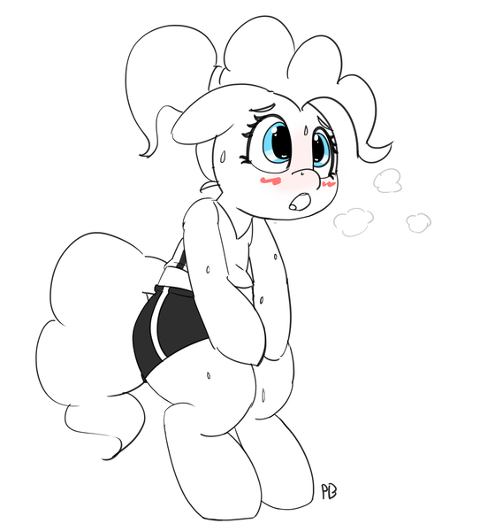 Size: 4774x5117 | Tagged: suggestive, artist:pabbley, derpibooru import, pinkie pie, pony, absurd resolution, adorasexy, bipedal, cute, diapinkes, open mouth, partial color, sexy, solo, sweat, tired, workout outfit