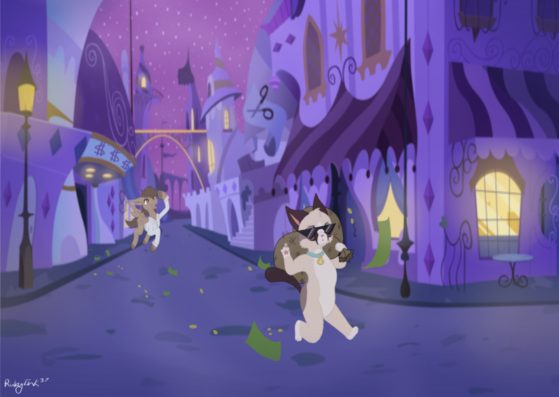 Size: 3600x2556 | Tagged: safe, artist:rubyink37, derpibooru import, pony, bank robbery, crossover, fanart mashup challenge, grumpy cat, middle finger, money, robbery, running, sack, sunglasses, vulgar