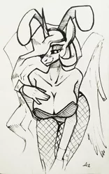 Size: 747x1200 | Tagged: anthro, artist:underpable, bedroom eyes, breasts, bunny ears, bunnylestia, bunny suit, busty princess celestia, cleavage, clothes, cufflinks, cuffs (clothes), derpibooru import, female, fishnets, inktober, leotard, looking at you, monochrome, pantyhose, princess celestia, sketch, solo, solo female, suggestive, traditional art