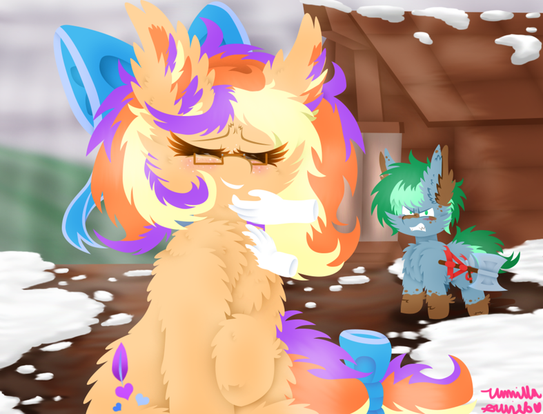 Size: 1024x781 | Tagged: safe, artist:vanillaswirl6, derpibooru import, oc, oc:axe fisher, oc:pleasant plume, unofficial characters only, earth pony, pony, angry, axe, blushing, bow, cheek fluff, chest fluff, chin scratch, cloud, disembodied hand, duo, ear fluff, eyes closed, female, freckles, glasses, gritted teeth, hair bow, hand, house, looking at you, male, mare, multicolored hair, petting, raised hoof, ribbon, signature, sitting, smiling, snow, stallion, tail bow, weapon