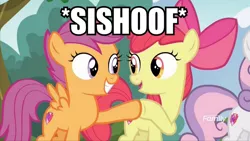 Size: 1000x562 | Tagged: safe, derpibooru import, screencap, apple bloom, scootaloo, sweetie belle, pony, marks and recreation, cutie mark crusaders, discovery family logo, happy, hoofbump, image macro, meme