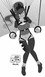 Size: 583x1000 | Tagged: artist:my pet tentacle monster, commission, denim shorts, derpibooru import, explicit source, human, humanized, monochrome, parachute, ponytail, princess luna, safe, sketch, solo, tights