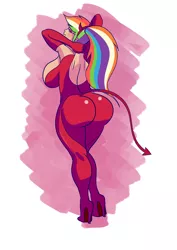 Size: 1000x1414 | Tagged: suggestive, alternate version, artist:annon, derpibooru import, rainbow dash, human, arm behind head, armpits, bimbo, bimbo dash, breasts, busty rainbow dash, butt, clothes, costume, devil, devil costume, devil horns, fake horn, fake horns, female, halloween costume, high heels, humanized, image, lipstick, looking back, looking over shoulder, makeup, png, rainbutt dash, shoes, sideboob, simple background, solo, solo female, stupid sexy rainbow dash, the ass was fat, white background