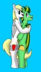 Size: 2153x3780 | Tagged: suggestive, artist:tacomytaco, derpibooru import, oc, oc:taco.m.tacoson, unofficial characters only, pegasus, pony, chest fluff, hug, male, males only, simple background, tail, tail between legs, tail wedgie, wedgie, wings