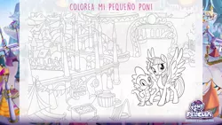 Size: 1920x1080 | Tagged: safe, derpibooru import, spike, twilight sparkle, twilight sparkle (alicorn), alicorn, dragon, pony, my little pony: the movie, canterlot, coloring page, my little pony logo, spanish