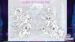 Size: 1920x1080 | Tagged: safe, derpibooru import, applejack, fluttershy, pinkie pie, rainbow dash, rarity, spike, twilight sparkle, twilight sparkle (alicorn), alicorn, dragon, pony, my little pony: the movie, coloring page, mane seven, mane six, my little pony logo, spanish