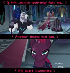 Size: 1920x2024 | Tagged: safe, derpibooru import, edit, screencap, storm king, tempest shadow, twilight sparkle, twilight sparkle (alicorn), alicorn, pony, unicorn, my little pony: the movie, the making of my little pony movie, cage, canterlot castle, close-up, discovery family logo, screencap comic, staff, staff of sacanas, text, thought bubble, throne room