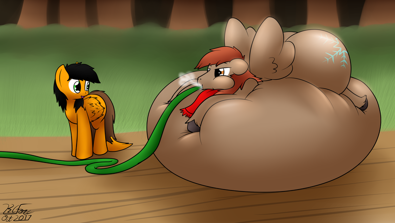 Size: 2687x1523 | Tagged: air inflation, annoyed, artist:the-furry-railfan, belly, belly bed, derpibooru import, forest, hose, impossibly large belly, inflated ears, inflated wings, inflation, oc, oc:twintails, oc:winterlight, puffy cheeks, questionable, runway, squishy, this will end in balloons, unofficial characters only