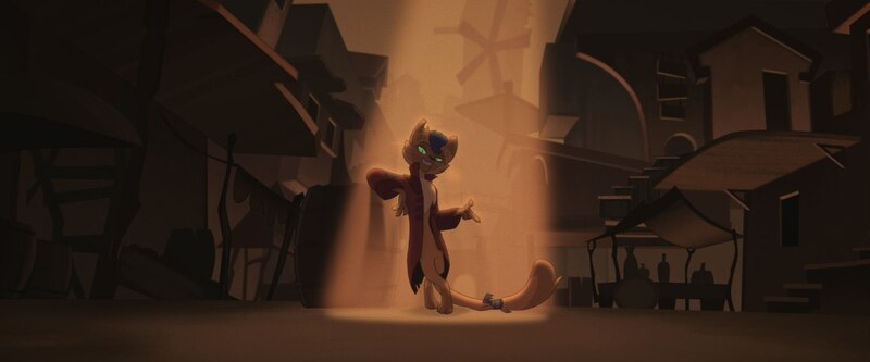 Size: 1920x800 | Tagged: abyssinian, anthro, barrel, capper dapperpaws, cat, clothes, coat, crossed legs, derpibooru import, digitigrade anthro, klugetown, leanining, male, my little pony: the movie, safe, screencap, solo, spotlight, town