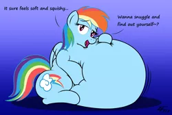 Size: 4000x2691 | Tagged: absurd resolution, artist:fattyemporiummod, artist:zeldafan777, belly, big belly, derpibooru import, dialogue, fat, female, gradient background, impossibly large belly, looking at you, rainblob dash, rainbow dash, solo, solo female, squishy, suggestive