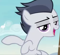 Size: 1354x1242 | Tagged: safe, derpibooru import, screencap, rumble, pegasus, pony, marks and recreation, colt, cool, discovery family logo, eyebrows, gangsta, happy, male, open mouth, smug, solo, stupid sexy rumble