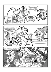 Size: 1985x2806 | Tagged: safe, artist:joeywaggoner, derpibooru import, captain celaeno, derpy hooves, juniper montage, lyra heartstrings, pinkie pie, spike, ponified, anthro, pony, my little pony: the movie, anthro with ponies, beauty mark, comic, ear piercing, earring, equestria girls ponified, female, hat, internet, jewelry, monochrome, movie, piercing, pirate, pirate hat, privateer, public service announcement