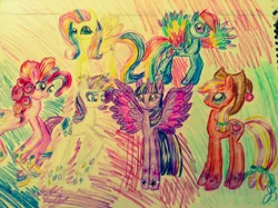 Size: 2592x1936 | Tagged: safe, artist:mariposakiss, derpibooru import, applejack, fluttershy, pinkie pie, rainbow dash, rarity, twilight sparkle, alicorn, mane six, rainbow power, traditional art, twilight sparkle (alicorn)