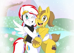 Size: 1384x1000 | Tagged: safe, artist:jase1505, deleted from derpibooru, derpibooru import, oc, oc:depth charge, oc:paws, unofficial characters only, earth pony, pegasus, pony, blushing, clothes, couple, crying, cute, engagement, engagement ring, goggles, happy, looking at you, love, scarf, smiling, tears of joy