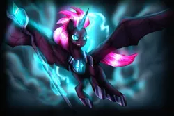 Size: 2785x1855 | Tagged: safe, artist:not-ordinary-pony, derpibooru import, tempest shadow, alicorn, pony, my little pony: the movie, alicornified, art, bat wings, female, flying, hybrid wings, mare, race swap, scepter, solo, staff, staff of sacanas, tempest gets her horn back, tempesticorn, xk-class end-of-the-world scenario