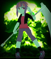 Size: 1020x1194 | Tagged: safe, artist:fantasygerard2000, derpibooru import, sunny flare, equestria girls, badass, clothes, female, pants, scythe, shirt, shoes, shorts, sneakers, socks, solo
