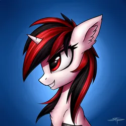 Size: 3000x3000 | Tagged: safe, artist:setharu, derpibooru import, oc, oc:blackjack, unofficial characters only, pony, unicorn, fallout equestria, bust, chest fluff, ear fluff, female, grin, mare, portrait, profile, signature, smiling, solo