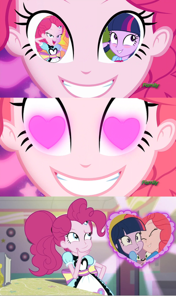 Size: 1280x2152 | Tagged: safe, derpibooru import, pinkie pie, twilight sparkle, coinky-dink world, eqg summertime shorts, equestria girls, exploitable meme, female, heart eyes, lesbian, meme, pinkie's eyes, server pinkie pie, shipper pie, shipping, thinking, twinkie, wingding eyes