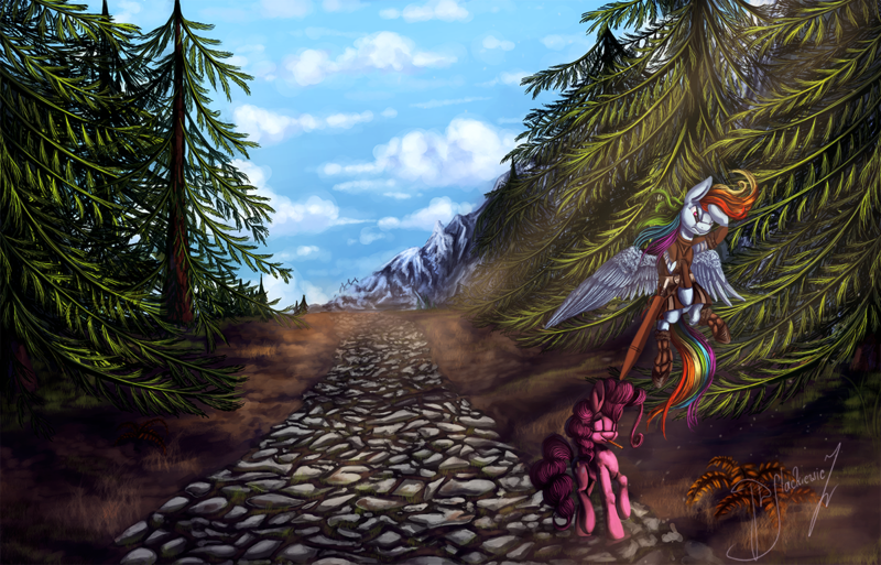 Size: 1200x770 | Tagged: safe, artist:shivannie, derpibooru import, pinkie pie, rainbow dash, earth pony, pegasus, pony, clothes, female, flying, mare, mountain, path, scenery, serious, serious face, smiling, sword, tree, weapon
